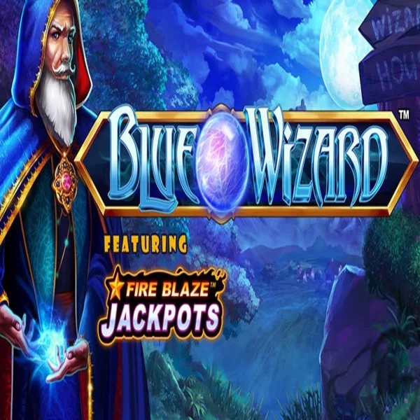 Blue Wizard Fire Blaze Jackpots logo by Rarestone Gaming at Slotoro Casino