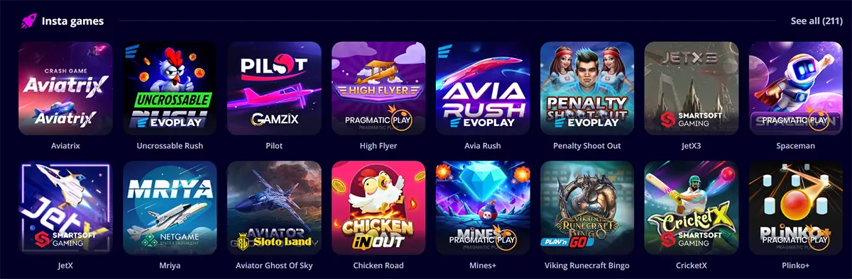 Insta games section featuring crash and instant-win titles such as Aviatrix, Pilot, High Flyer, Avia Rush, Penalty Shoot Out, JetX3, Spaceman, Chicken Road, Mines+, CricketX, and Plinko+ on a dark blue interface.