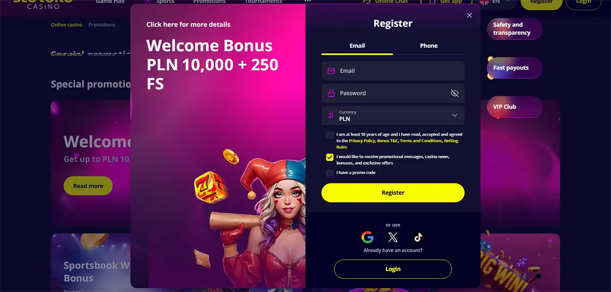 Casino registration popup with a welcome bonus of PLN 10,000 plus 250 free spins, featuring a colorful jester illustration, email and password fields, currency selection, and a bright yellow register button on a dark neon background.